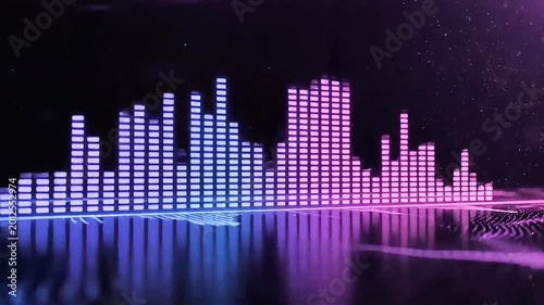 Vibrant sound wave pattern displayed on a screen with purple and blue hues reflecting off water's surface at night