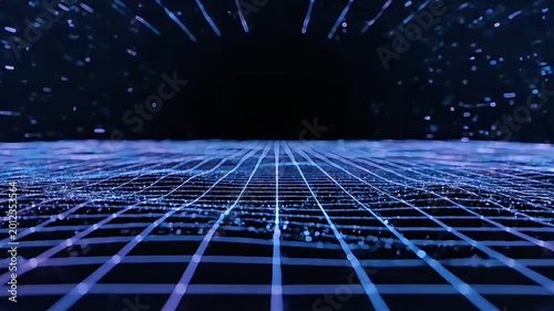 Glowing blue grid lines converge in the dark background with radiant beams