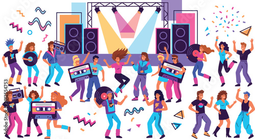 Retro Dance Party Illustration Set Featuring 80s Fashion, DJ Booth, Speakers, and Fun Dance Moves for Party and Music Designs