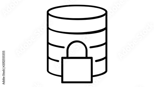 Minimalist vector illustration of a clean line art icon for data privacy and security featuring a padlock over a database cylinder, perfect for cloud computing, devops, and tech software interface.
