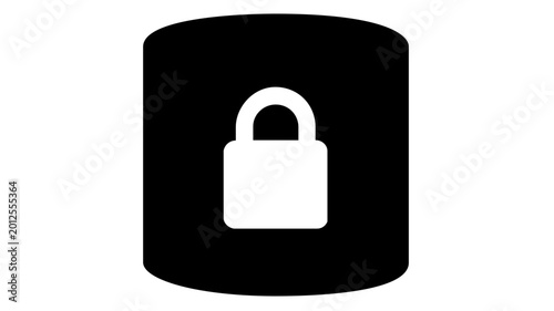 Minimalist vector illustration of a database cylinder with a padlock symbol, representing data privacy, secure cloud storage, information protection, cybersecurity, and server encryption.