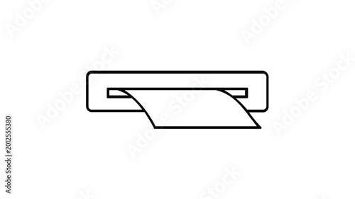 Vector icon illustration of a document passing through a scanner or printer slot. Minimalist black and white line art design for office technology, paper scanning, and digital document management.