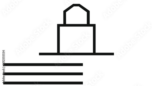Obraz na plátně Minimalist vector icon illustration of an encryption layer featuring a black line art padlock sitting on a stack of three horizontal lines, representing secure data storage and cloud security