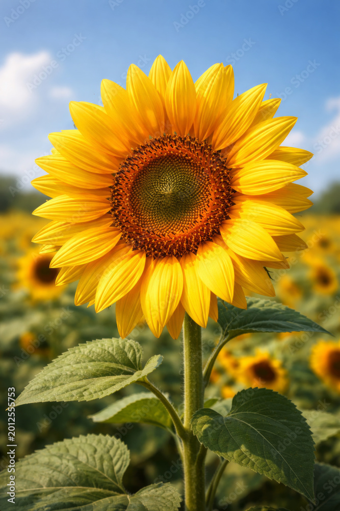 Obraz premium Single sunflower head blooming brightly in summer field