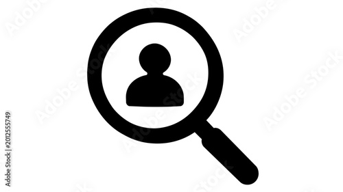 Recruitment and talent search vector icon featuring a magnifying glass over a person silhouette. Minimalist flat illustration for human resources, hiring, and professional job hunting concept.