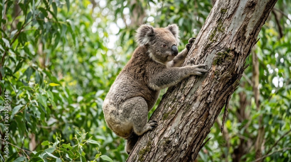 Fototapeta premium Koala climbing eucalyptus tree in natural Australian forest habitat