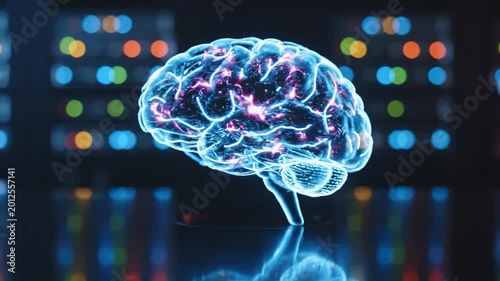Brain Network Illustration Moving and Glowing in Modern Lab Setting