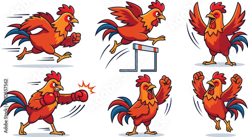 Bild auf Leinwand Cartoon Rooster Illustration Set Featuring Active Poses, Running, Jumping, and F