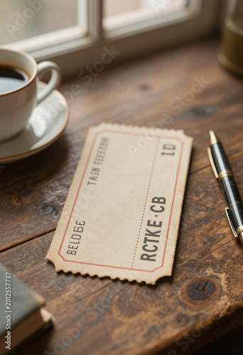 worn vintage ticket mockup rests centrally weathered wooden table bathed soft golden light filtering nearby window