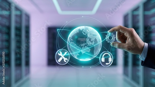 Hand adjusting holographic globe with service icons and data links in tech center, global system, Customer care, Online support