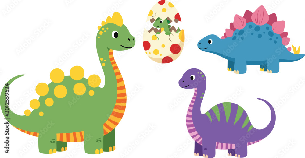 Fototapeta premium Cute Dinosaur Cartoon Illustration Set Featuring Colorful Jurassic Animals, Baby Dino Characters, Hatching Egg, and Kids Nursery Design Elements