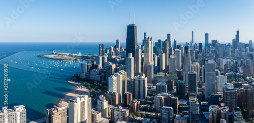 Aerial view of the skyscraper skyline of Chicago, Illinois, USA, with the backdrop of Lake Michigan