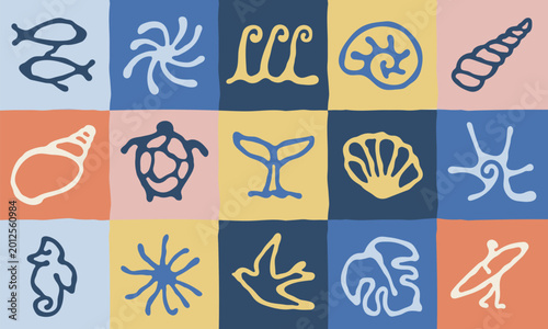 Photography Hand drawn nautical icons set with marine symbols like sea shells, whale tail, turtle, fish and waves in organic linocut style