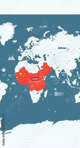 Global map highlighting China with connections and infographics