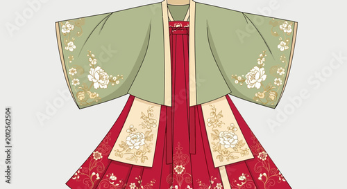 Traditional Chinese Hanfu Dress, Floral Embroidery, Green and Red