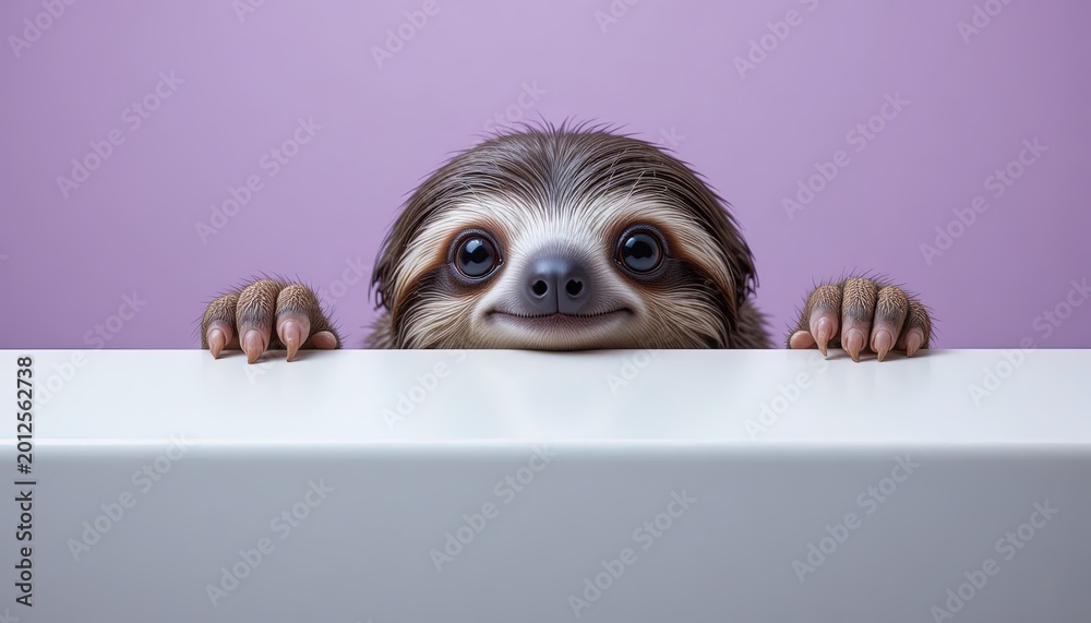 Obraz premium Adorable Sloth Peeking Over a White Surface Against a Solid Purple Background, Close-Up Portrait, Studio Shot