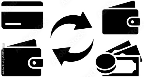 Photos Simple black icons depicting the process of converting various forms of money be