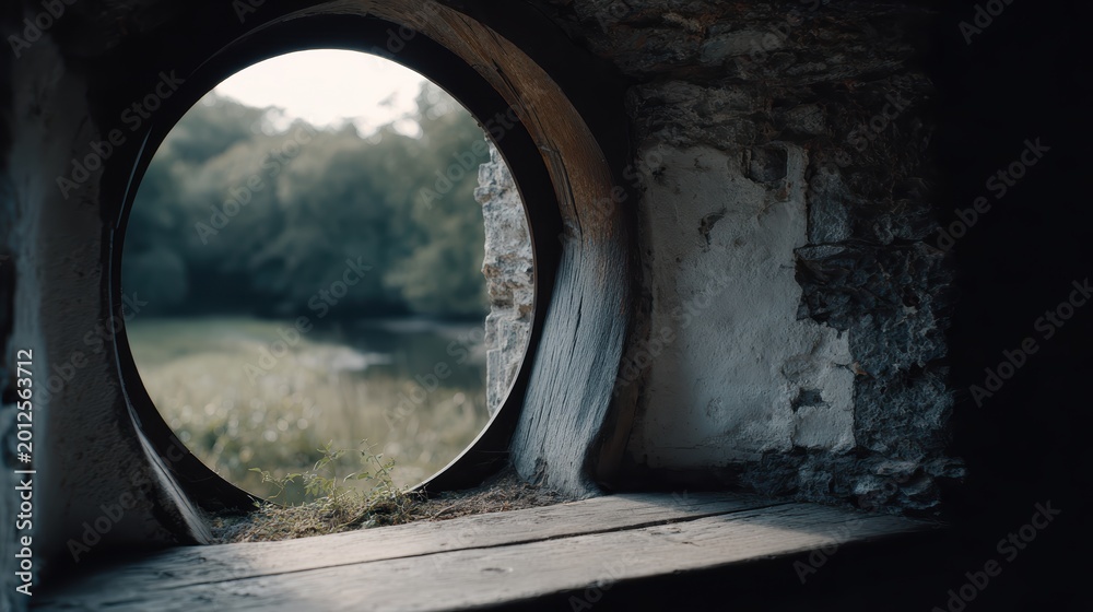 Fototapeta premium Framed View: A circular window frames a picturesque vista of a vibrant green landscape, blurring the boundary between the interior and the enchanting outdoors.