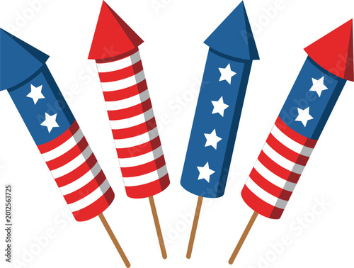 Foto Patriotic 4th of July firework rockets vector illustration, American flag stars