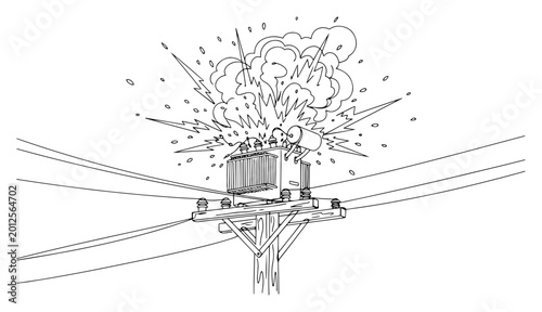 Bild auf Leinwand One line drawing of electric transformer exploding on utility pole