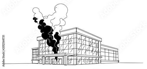Fotografia Continuous line drawing of a modern office building on fire with black smoke