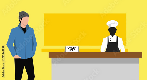 Fotografie Customer ordering food from chef at counter in cafe