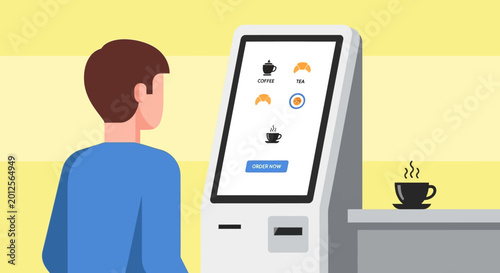 Tableau sur toile Man ordering coffee at self-service kiosk