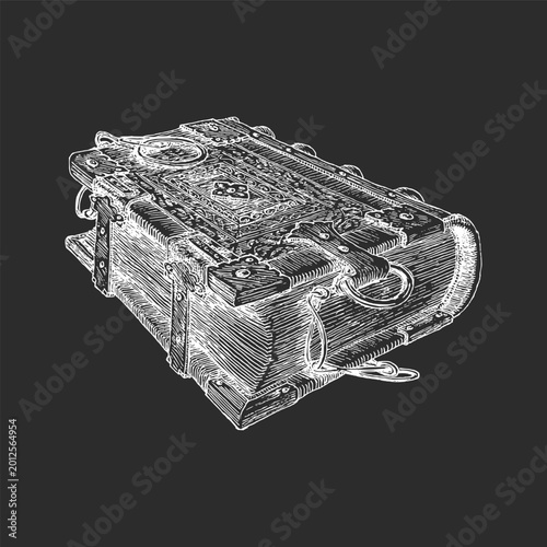 Book with chain, hand drawn illustration in vector