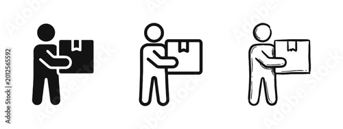 Foto Delivery Courier Carrying Box Icon Set in Flat and Sketch Styles