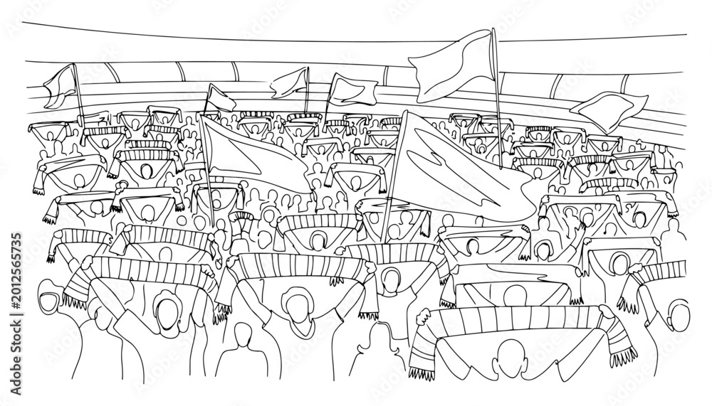 Fototapeta premium Single line drawing of a large crowd of supporters holding scarves in a sports stadium