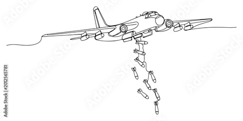 Foto Continuous line art illustration of a military bomber aircraft dropping bombs in