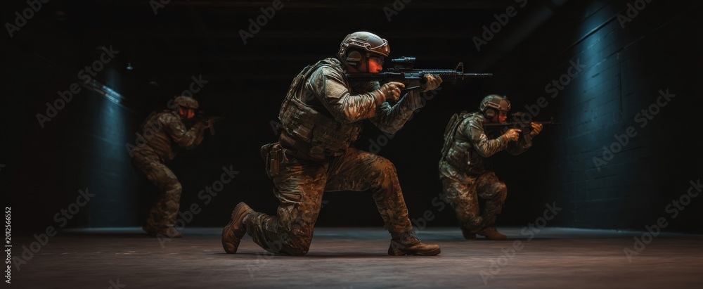 Naklejka premium Close quarters combat training involves soldiers executing tactical maneuvers within indoor environments.