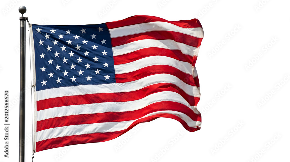 Fototapeta premium American flag waving on a pole isolated on transparent background