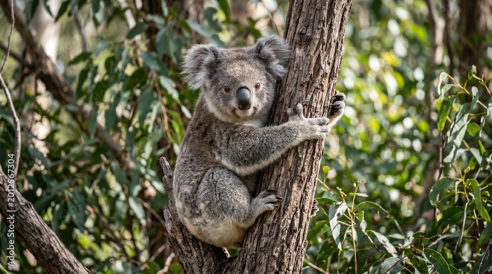 Naklejka premium Cute Koala Bear Climbing Eucalyptus Tree in Australian Bushland