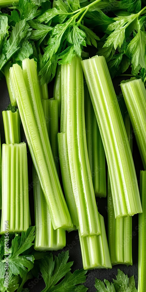 Obraz premium Vibrant Green Leafy Celery Stalks and Freshly Cut Raw Celery for Healthy Vegan Diet Imagery