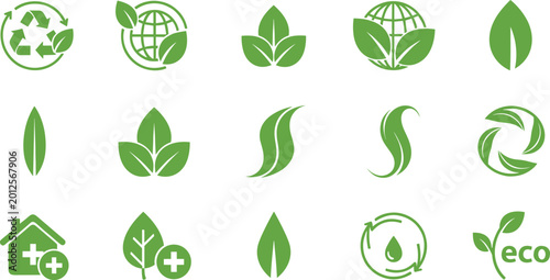 Photos Green Eco Icons Set Featuring Recycling, Leaves, Earth, Water Conservation, and