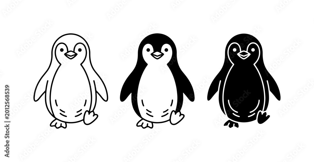 Obraz premium Cute Penguin Vector Icons Set, Adorable Antarctic Bird Illustrations, Simple Black and White Cartoon Characters for Wildlife and Winter Themes
