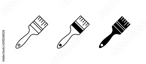 Paint Brush Icons, Set of 3 Vector Graphics: Outline, Filled Outline, and Solid Black Styles for DIY, Renovation, and Art Projects