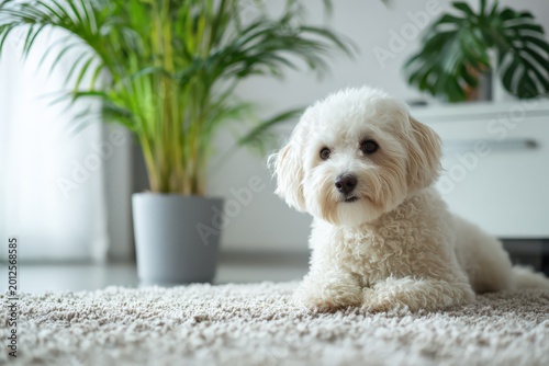 Living room scene with a small white dog resting on a carpet near a plant, which may cause allergies for some people in a domestic setting