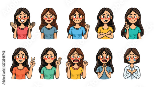 Foto Diverse Emotions in Illustration: An illustrated compilation of female character portraits showcasing a spectrum of emotions and expressive gestures, from joy to sorrow