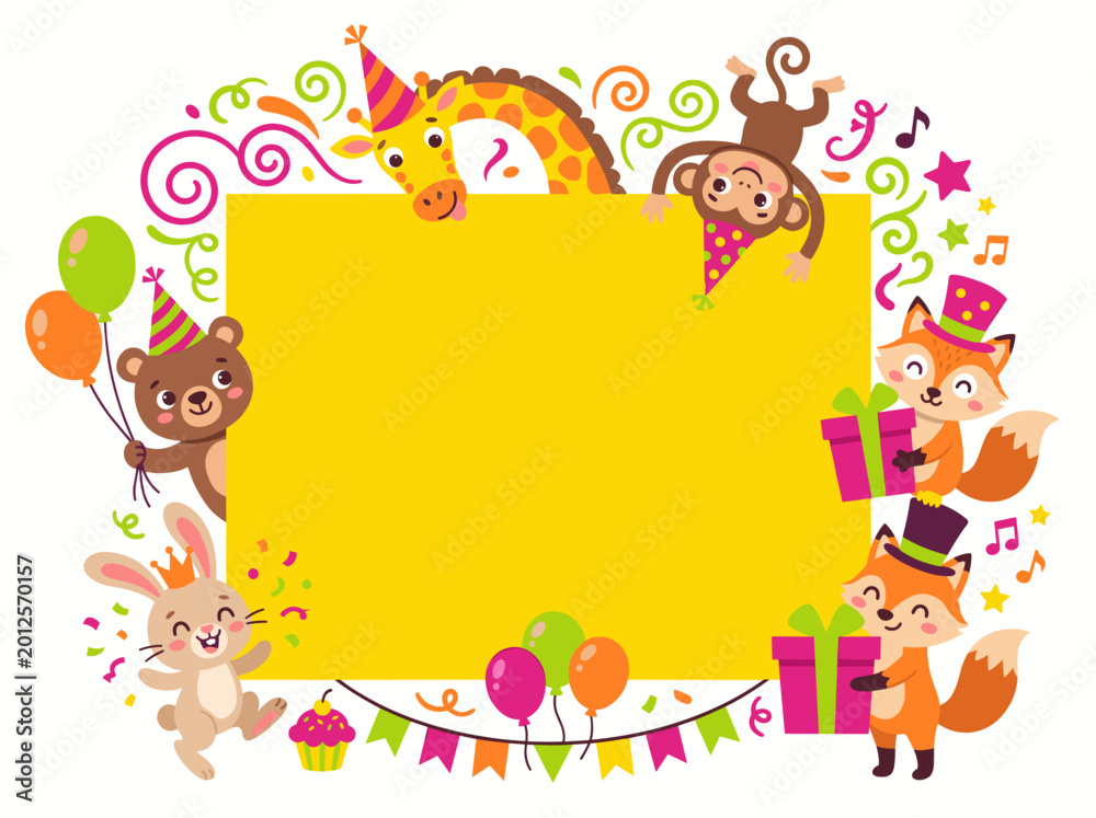 Obraz premium Invitations for Children on Different Holidays. Fun and Colorful Vector Illustration With Cheerful Animals Celebrating Various Occasions
