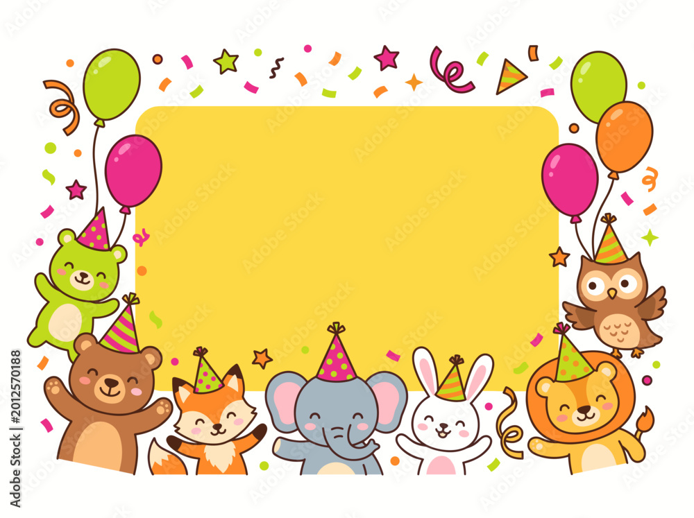 Fototapeta premium Invitations for Children on Different Holidays. Fun and Colorful Vector Illustration Featuring Adorable Animals Celebrating With Balloons and Party Hats