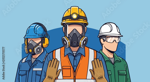 Three construction workers wear hard hats, masks, and safety vests