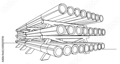 Foto Single line vector drawing of stacked metal pipes and industrial tubes on a wood