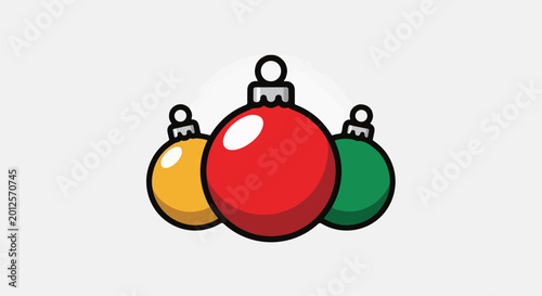 Three cartoon ornaments red, green, and gold, on white