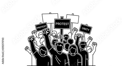 Foto People protesting with raised fists signs.