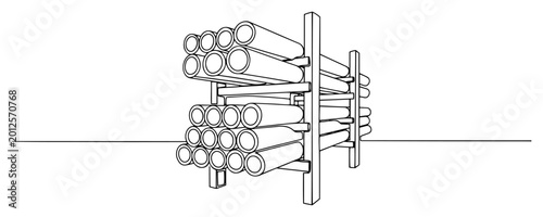 Quadro su tela Industrial steel pipes stacked on a metal storage rack in single line art style