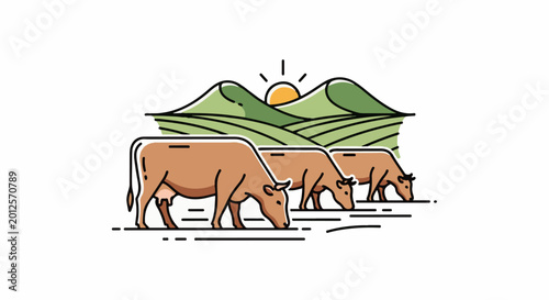 Three brown cows graze in a sunlit green pasture with rolling hills