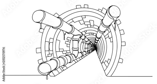 Bild auf Leinwand Underground sewer tunnel with drainage pipes in continuous line art perspective