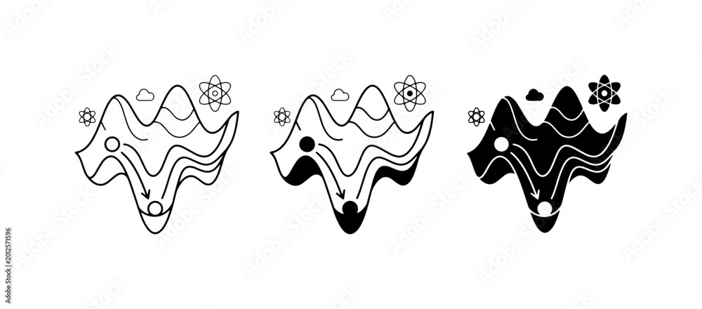 Fototapeta premium Abstract Landscape Icons, Science & Nature Symbols, Minimalist Mountain Peaks, Weather Elements, Vector Graphics Set